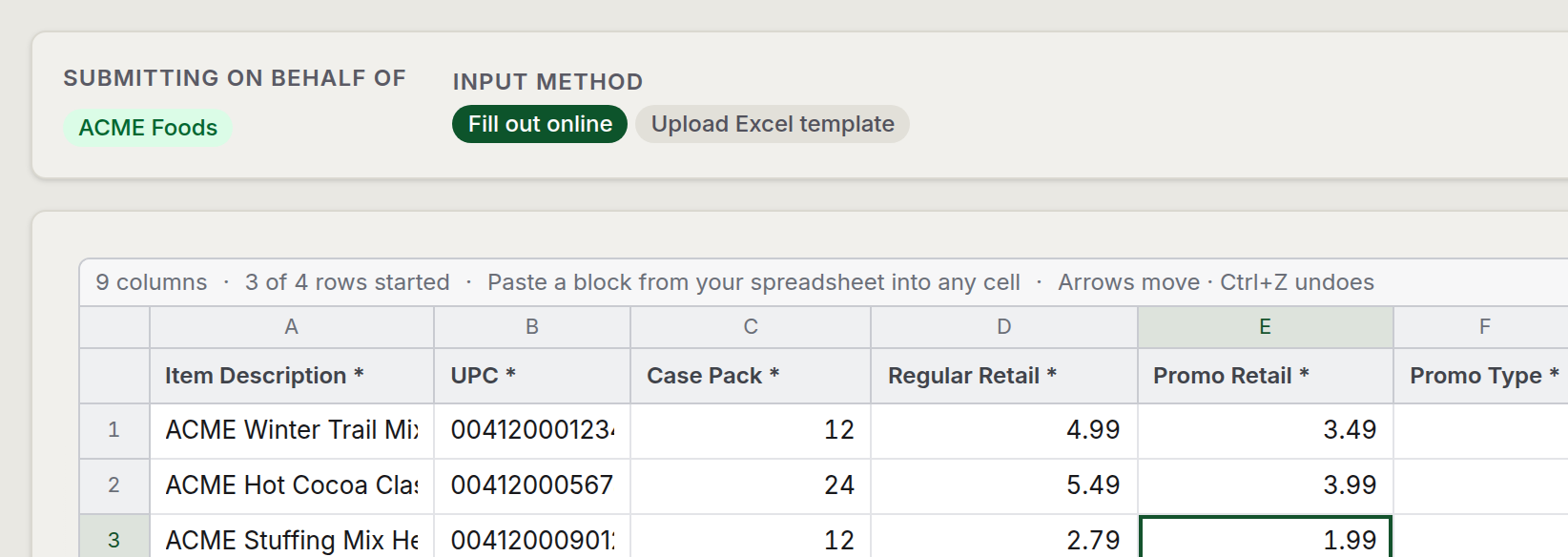 The supplier's online entry grid mid-entry, with the fill-out-online and upload-Excel-template toggle